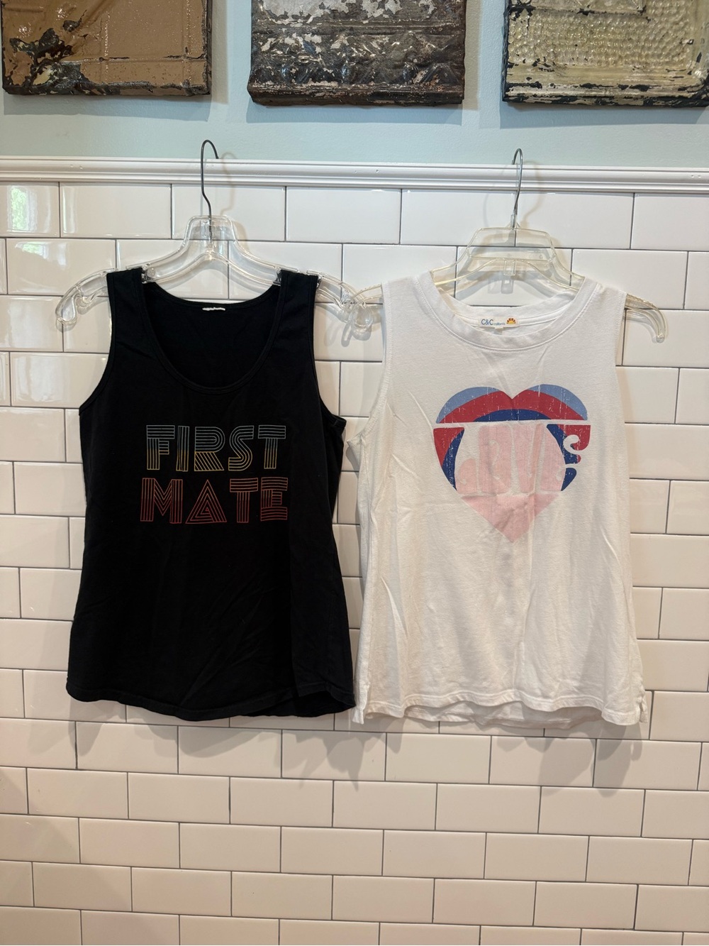 Set of Two Tank Tops: Black 'First Mate' and White Love Graphic Tanks